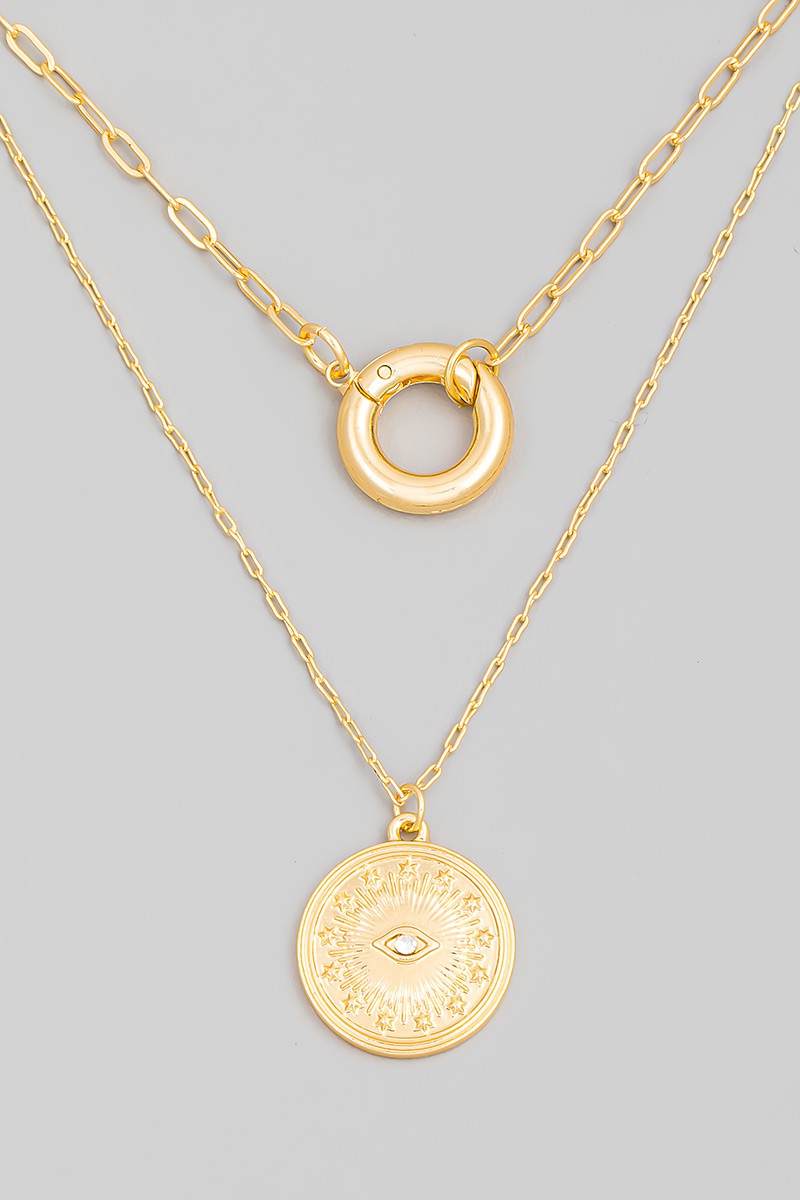 Evil Eye Coin Disc Pendant Layered Necklace