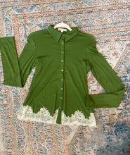 Olive green long sleeve shirt with lace detail