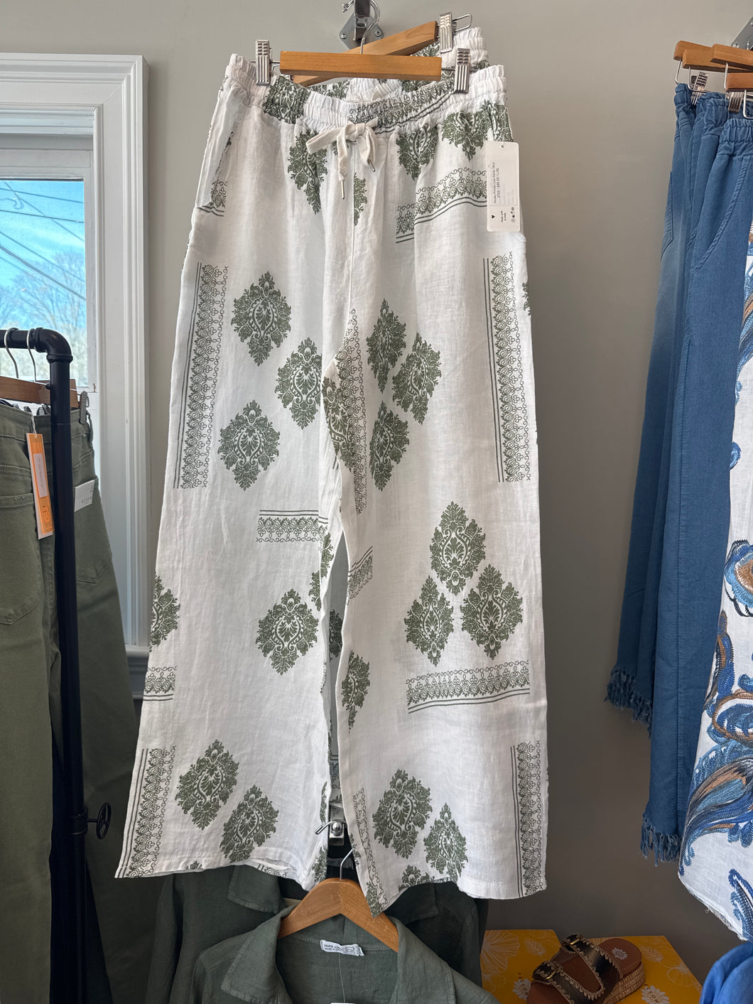 Paisley Printed Linen Pants- Olive