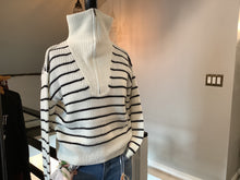 cream with blue stripes half zip sweater