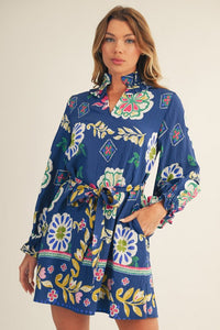Long sleeves waist tie boho floral dress .