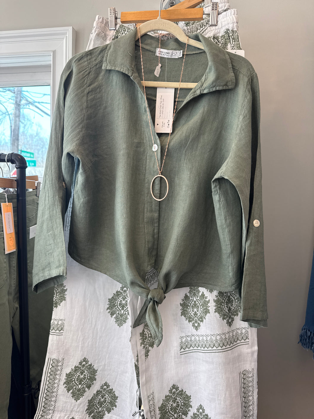 Tye Knot Linen Top- Olive