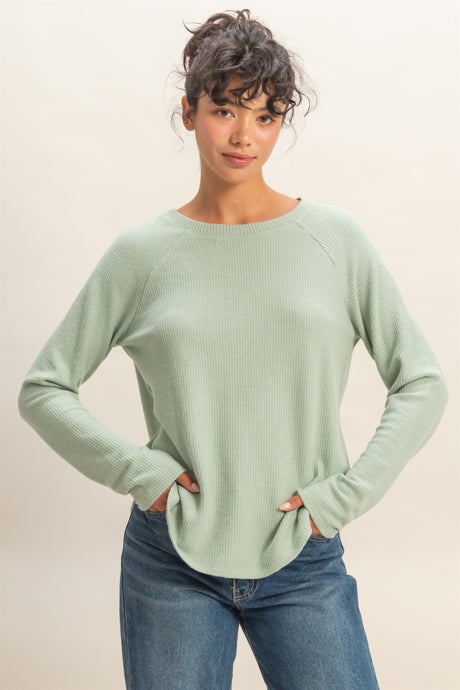 Brushed Waffle Raglan Long Sleeve Casual Top