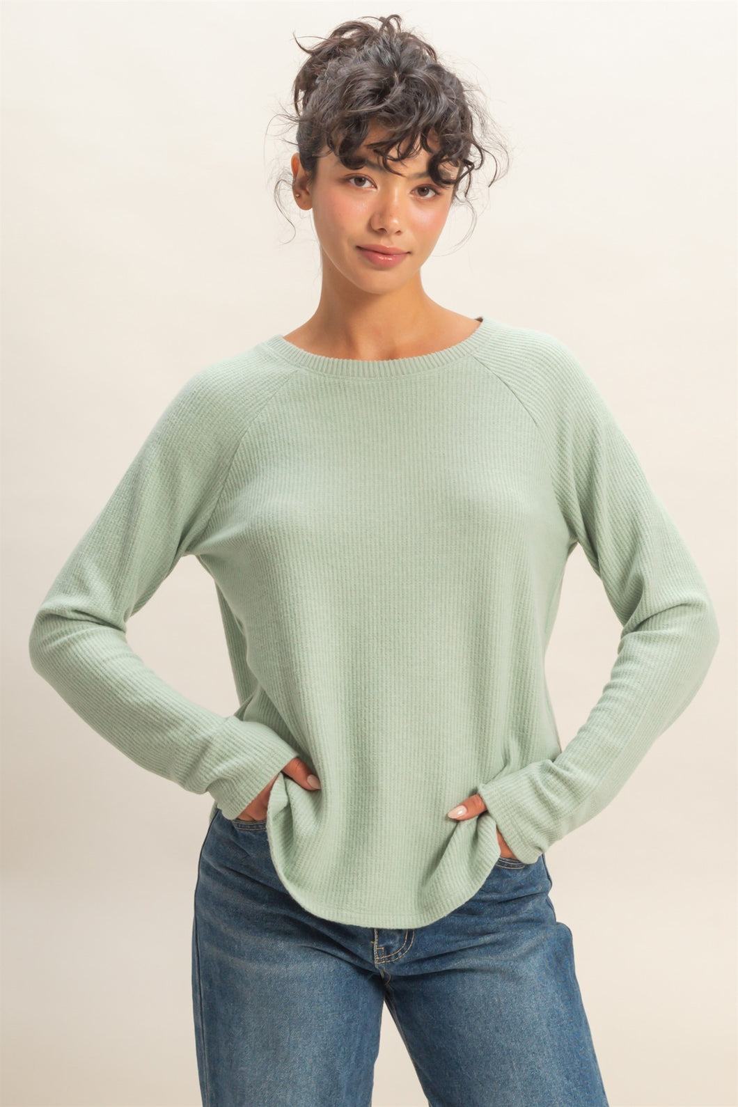 Brushed Waffle Raglan Long Sleeve Casual Top