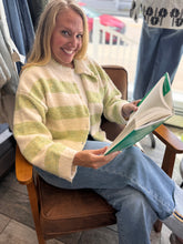 green and cream striped cardigan
