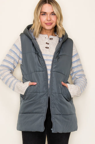 ZIP FRONT HOODED DUSTER PUFFER