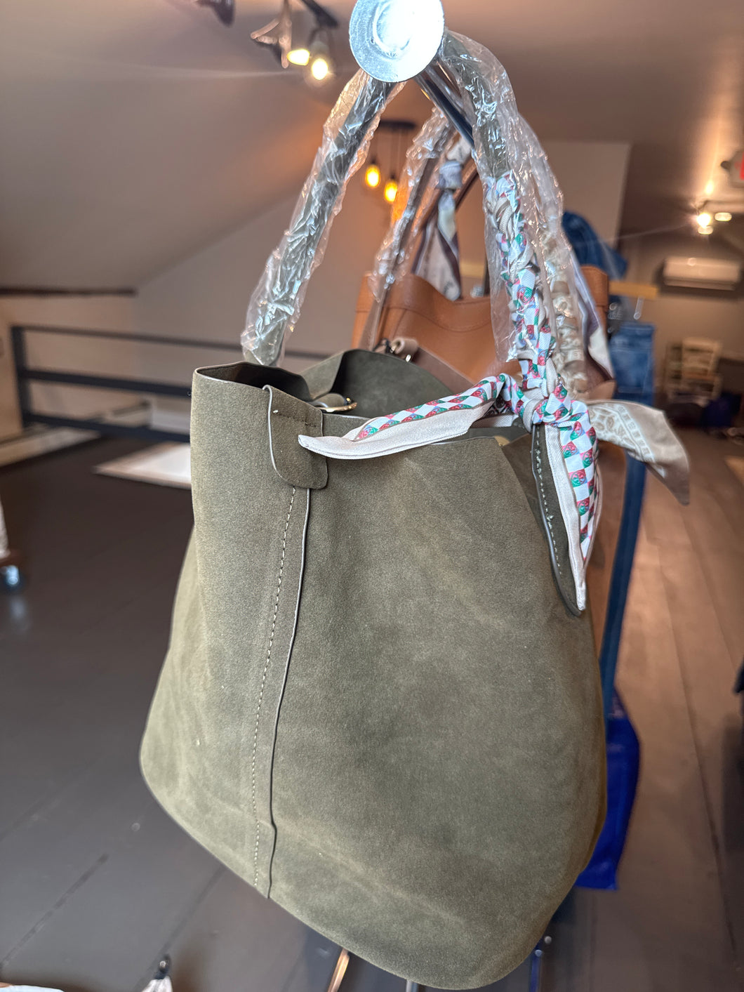 Suede Bucket Bag in Olive