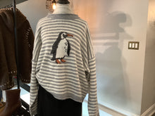 Grey striped sweater with penguin
