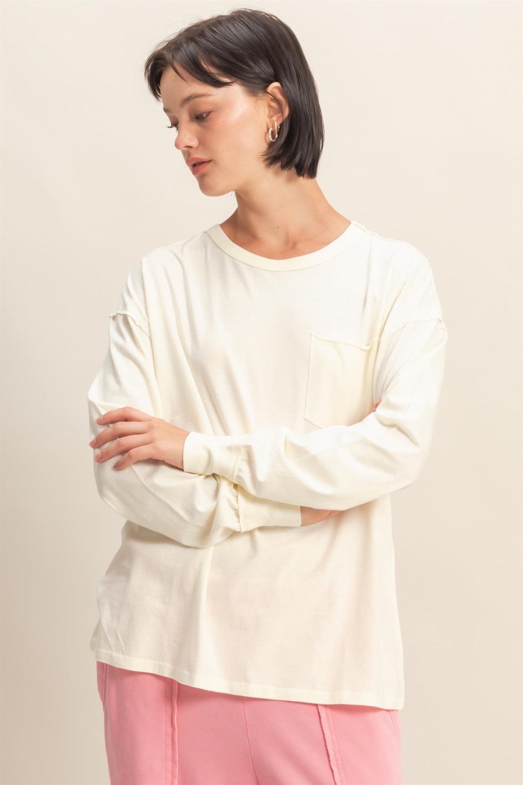 Oversized Washed Long Sleeve Pocket Tee in cream