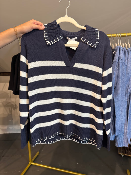 Navy Striped Collared Pullover