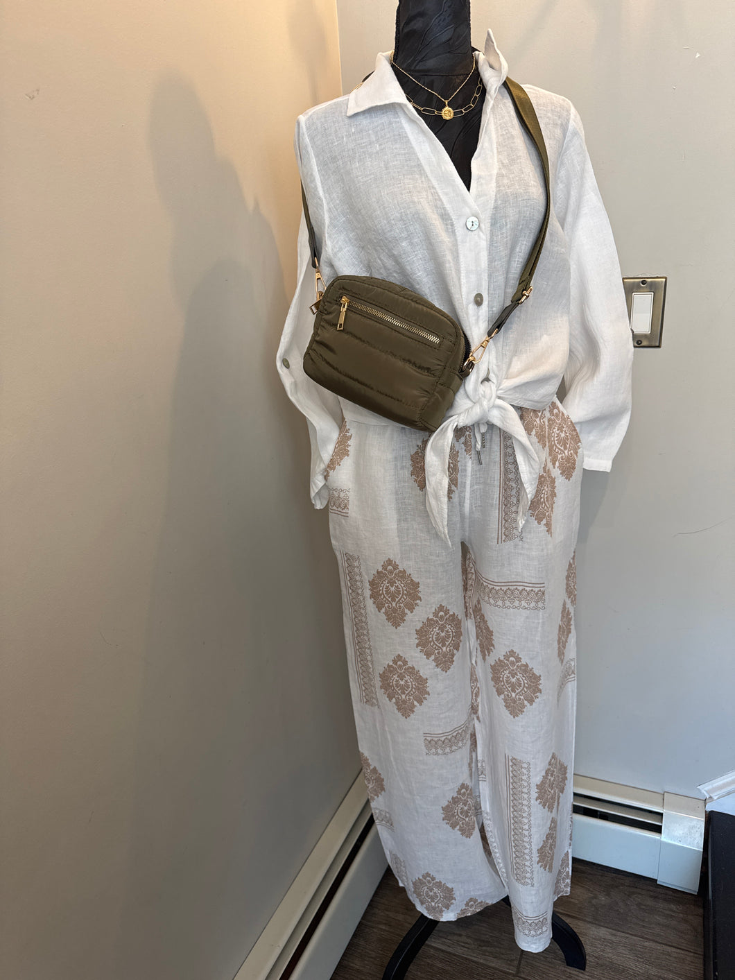 Paisley Printed Linen Pants- Beige