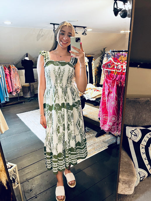 SMOCKED RUFFLE BOHO DRESS