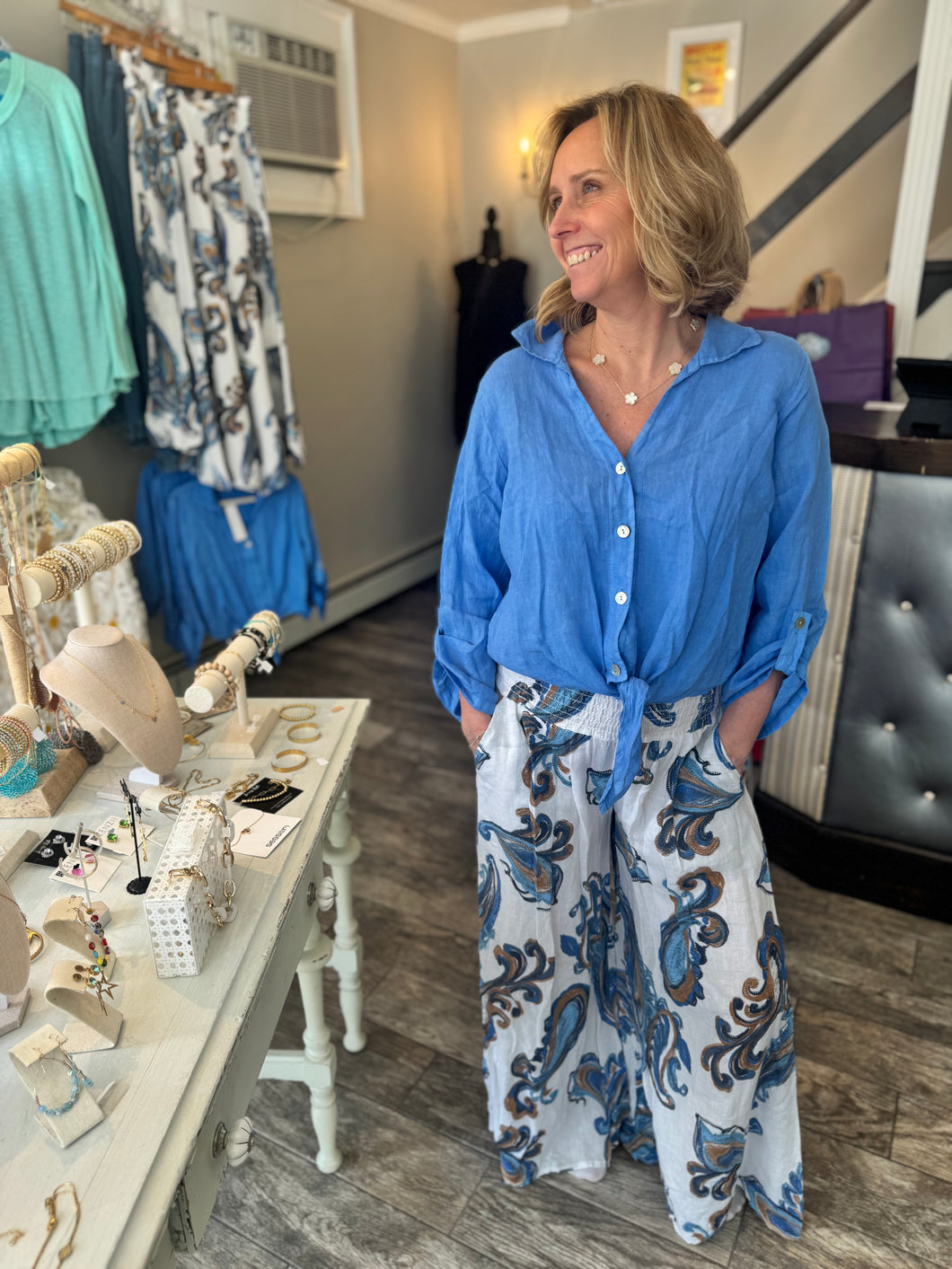 Tye Knot Linen Top- Blue Azzurro