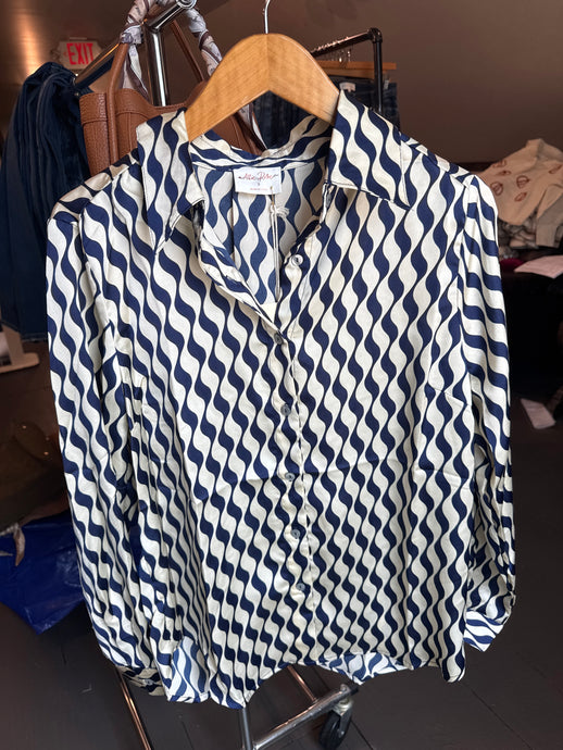 Wavy Print Satin Button Up Collard Shirt