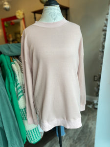 Crew Neck Ribbed Trim Waffle Knit Top Pink