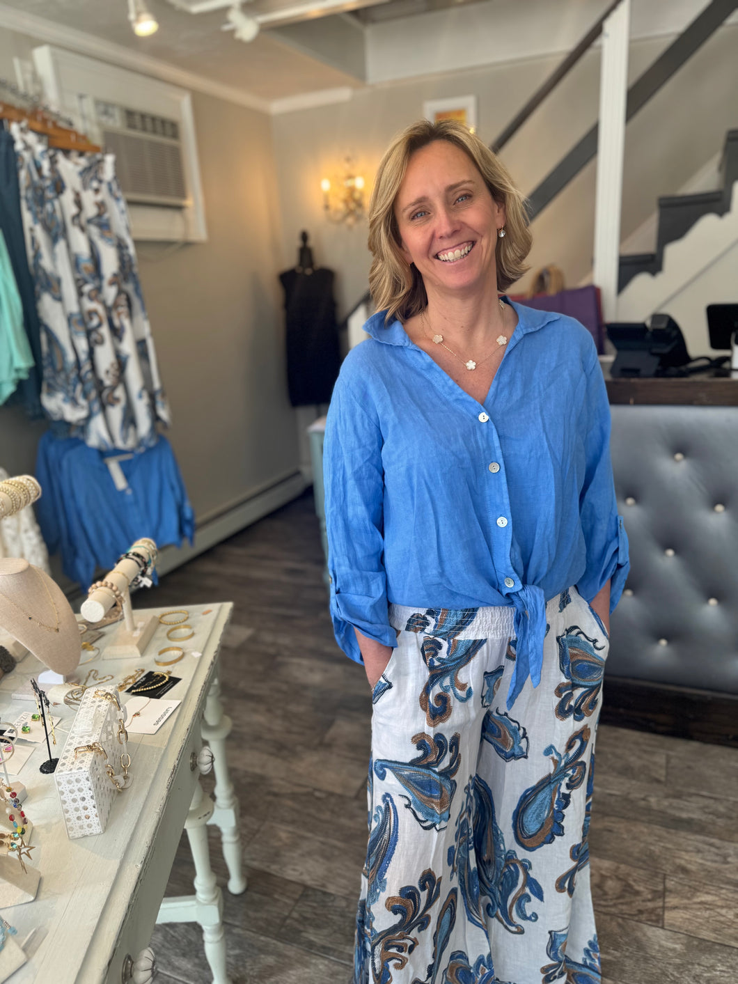 Blue/ Beige Printed Linen Pants