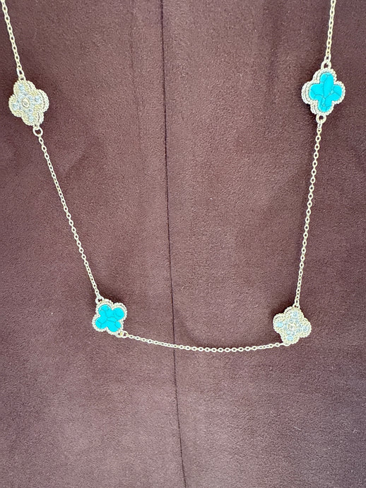 TURQUOISE CLOVE AND CZ LONG NECKLACE