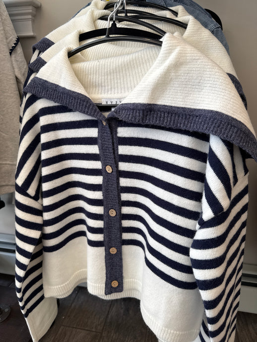 Shawl Collared Navy and White Cardigan