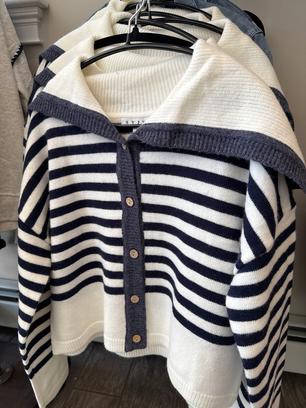 Shawl Collared Navy and White Cardigan