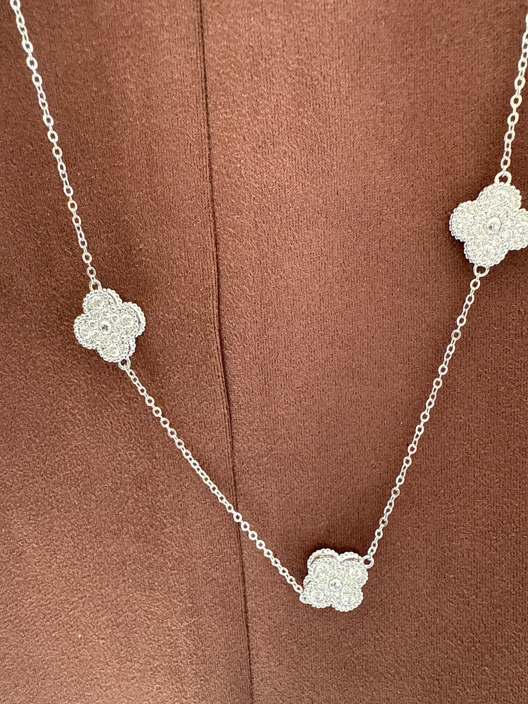 SILVER AND CZ LONG CLOVE NECKLACE