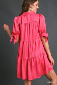 V-Neck Collar Tiered Dress with Ties in Fuchia
