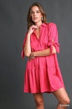 V-Neck Collar Tiered Dress with Ties in Fuchia