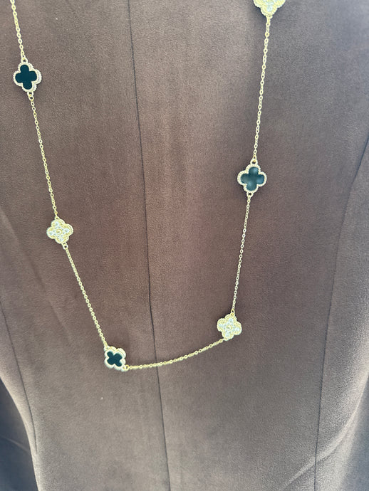 GOLD AND BLACK ENAMEL CLOVE LONG NECKLACE