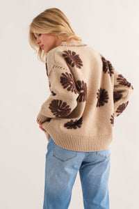 Brown Daisy Textured Allover Print Pullover Sweater