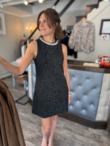 JEWEL NECK STRETCH TWEED DRESS