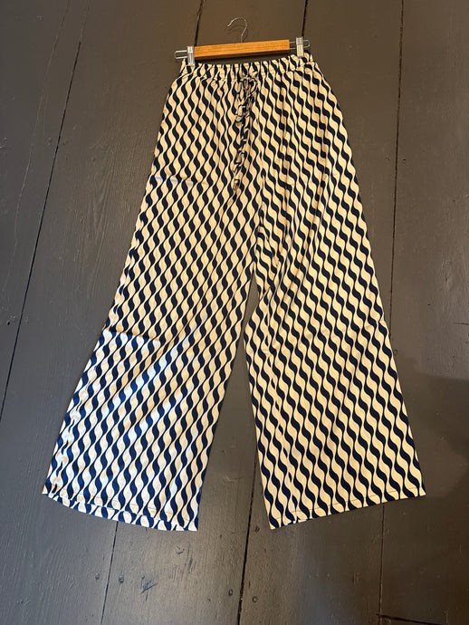 Navy And Ivory Tie Waist Geometric Pant
