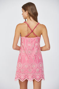 BEADED STRAP SCALLOPED EDGE EYELET DRESS