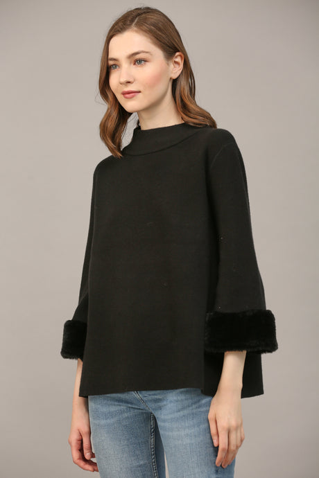 BLACK FUR SLEEVE SWEATER