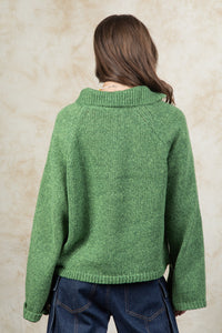 High Neck Side Opening Sweater Top in Green