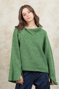 High Neck Side Opening Sweater Top in Green