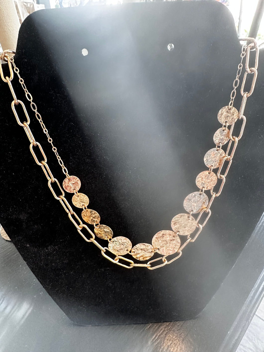 TWO LAYERED HAMMERED GOLD DOUBLE CHAIN NECKLACE