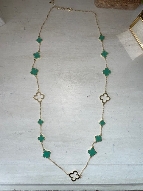 Gold & Turquoise Enamel Clover Necklace