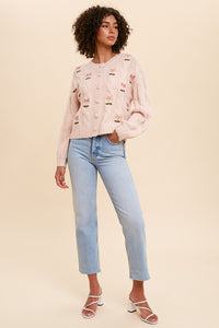Dusty Pink Embroidered Cable Knit Cardigan