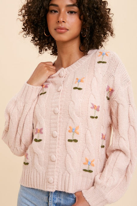 Dusty Pink Embroidered Cable Knit Cardigan