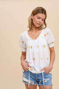 Off White Embroidered Tie Neck Blouse