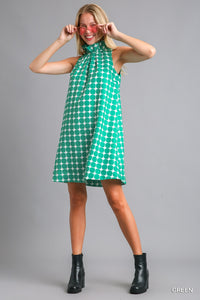 Green/White - Sleeveless Geometric Print Bow Tie Dress