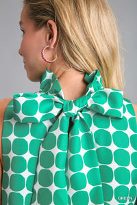 Green/White - Sleeveless Geometric Print Bow Tie Dress