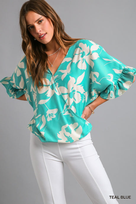 Flower Print Crossover Top with Bell Ruffle Sleeves in Teal Blue