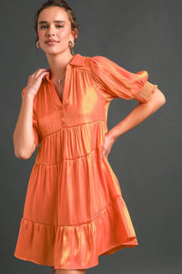 Collared Mid Button Cuffed Sleeve Shimmer Dress in Tangerine