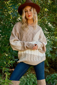 Color Blocked Cable Knit Sweater Pullover in Taupe