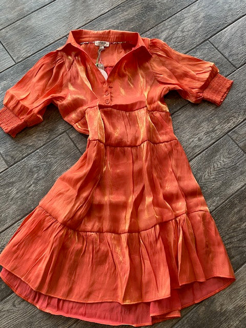 Collared Mid Button Cuffed Sleeve Shimmer Dress in Tangerine