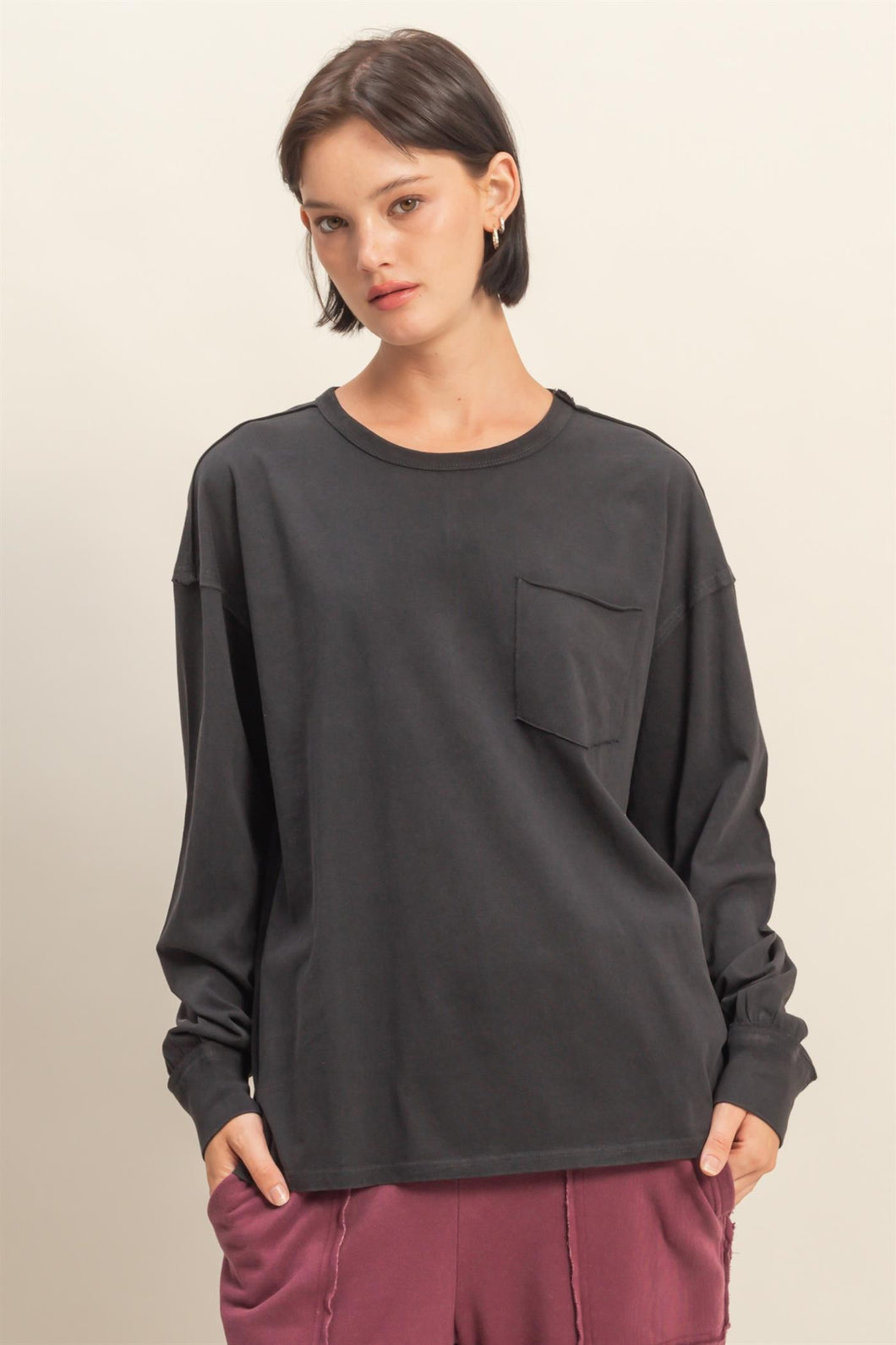 Oversized Washed Long Sleeve Pocket Tee in black