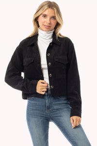Semi Cropped Corduroy Button Up Shacket in Black