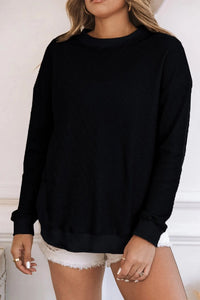 CREW NECK RIBBED TRIM WAFFLE KNIT  TOP Black