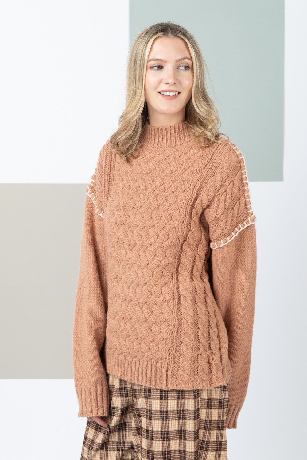 Stitch Detail Cable Knit Sweater Top in Camel