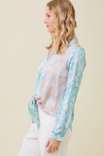 Mixed Print Front Tie Long Sleeve Shirt in Blue/Green